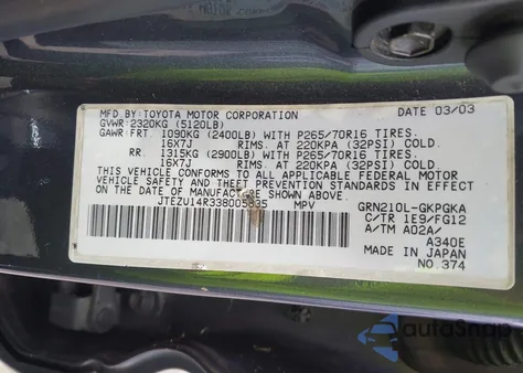 2003 Toyota 4Runner Sr5 V6 from USA, damaged, VIN JTEZU14R338005835